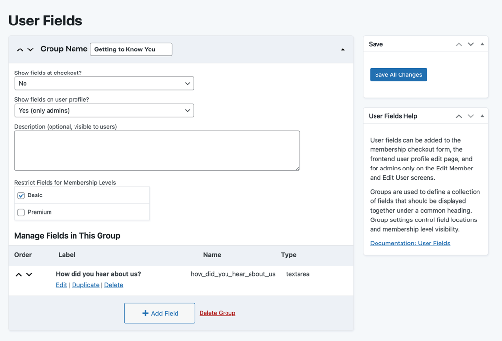 Screenshot of the User Fields settings in Paid memberships Pro