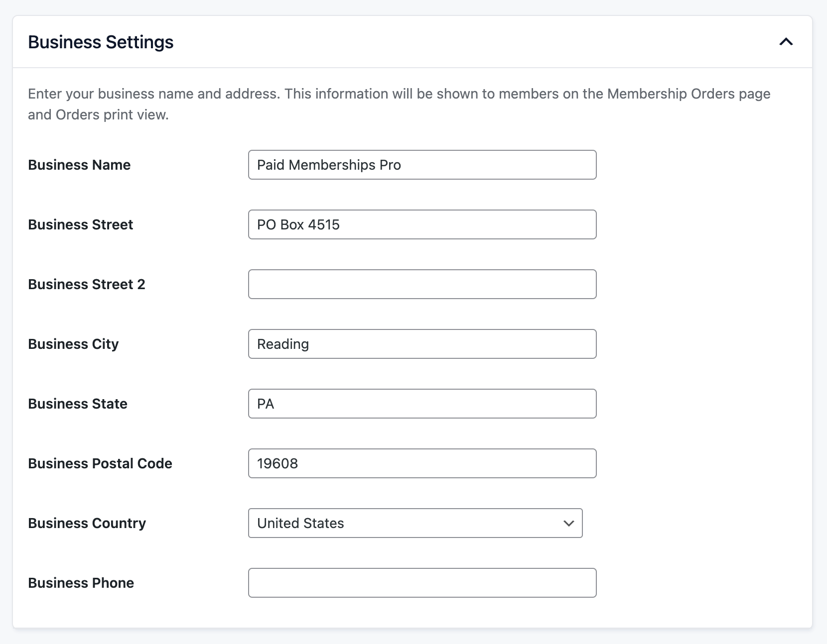 Screenshot of the advanced settings screen and where to enter your Business Address