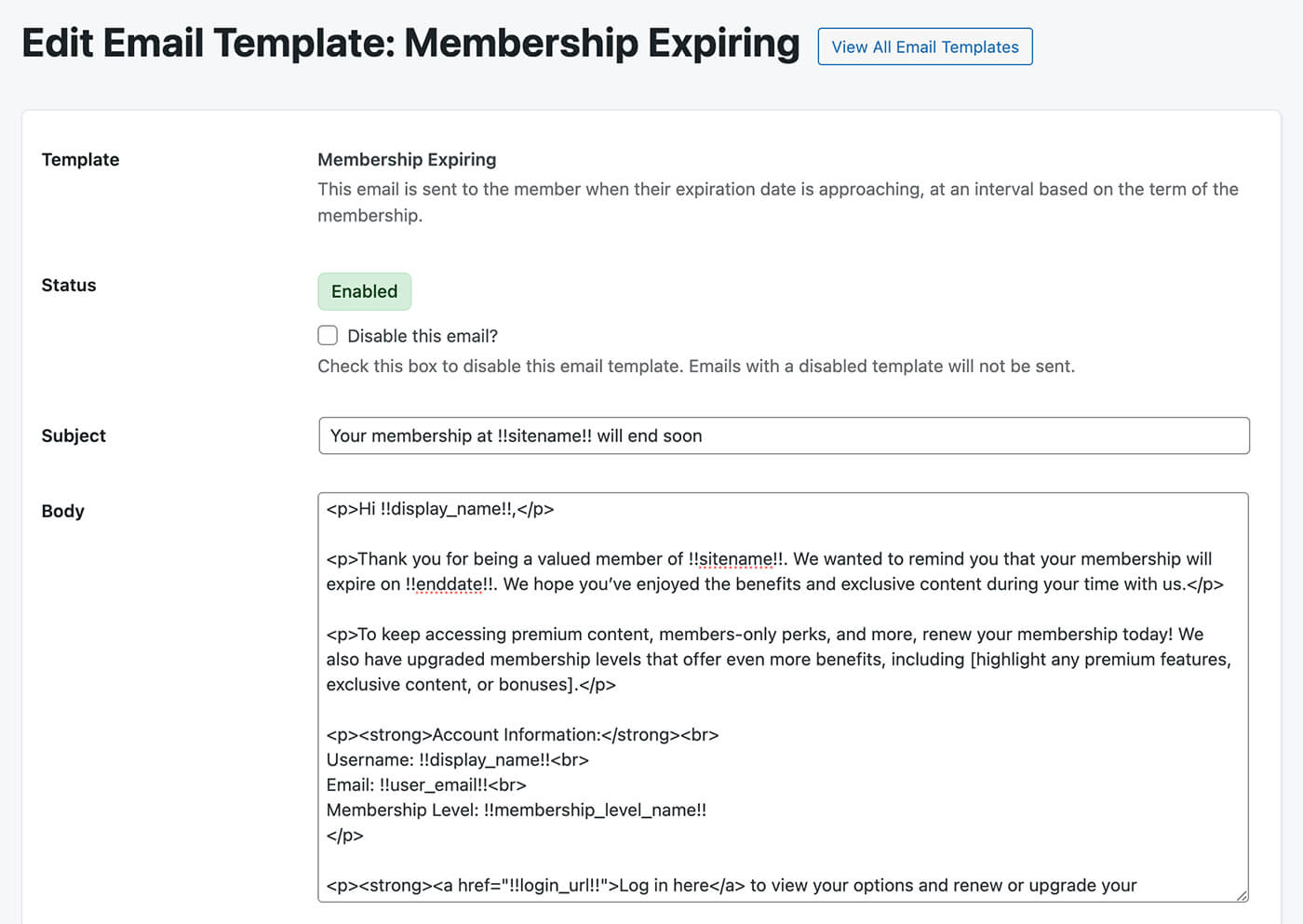 Screenshot of Membership Expiring Email Template featuring an upsell message within the email