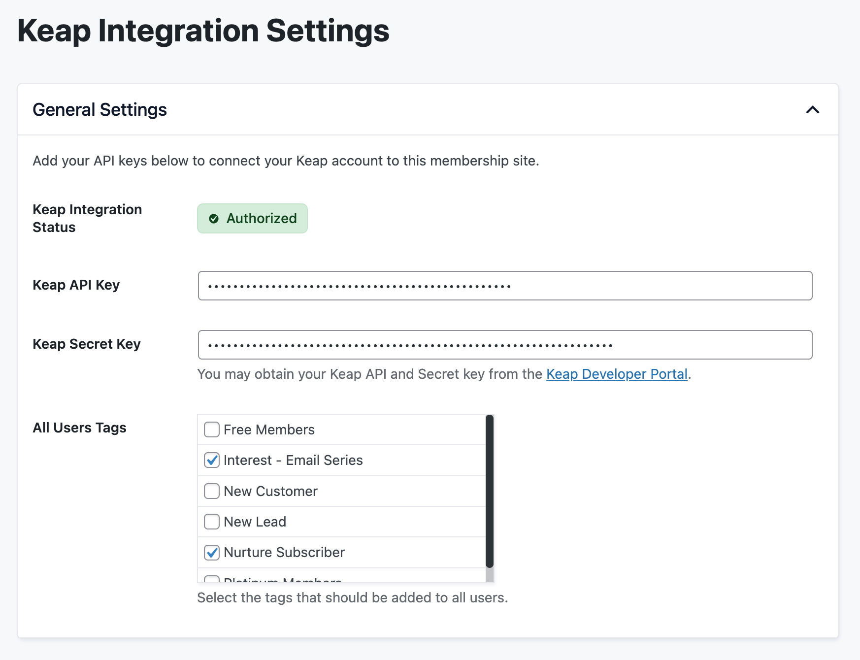 Screenshot of an authorized website that is integrated with your Keap account using the Keap Integration for Paid Memberships Pro