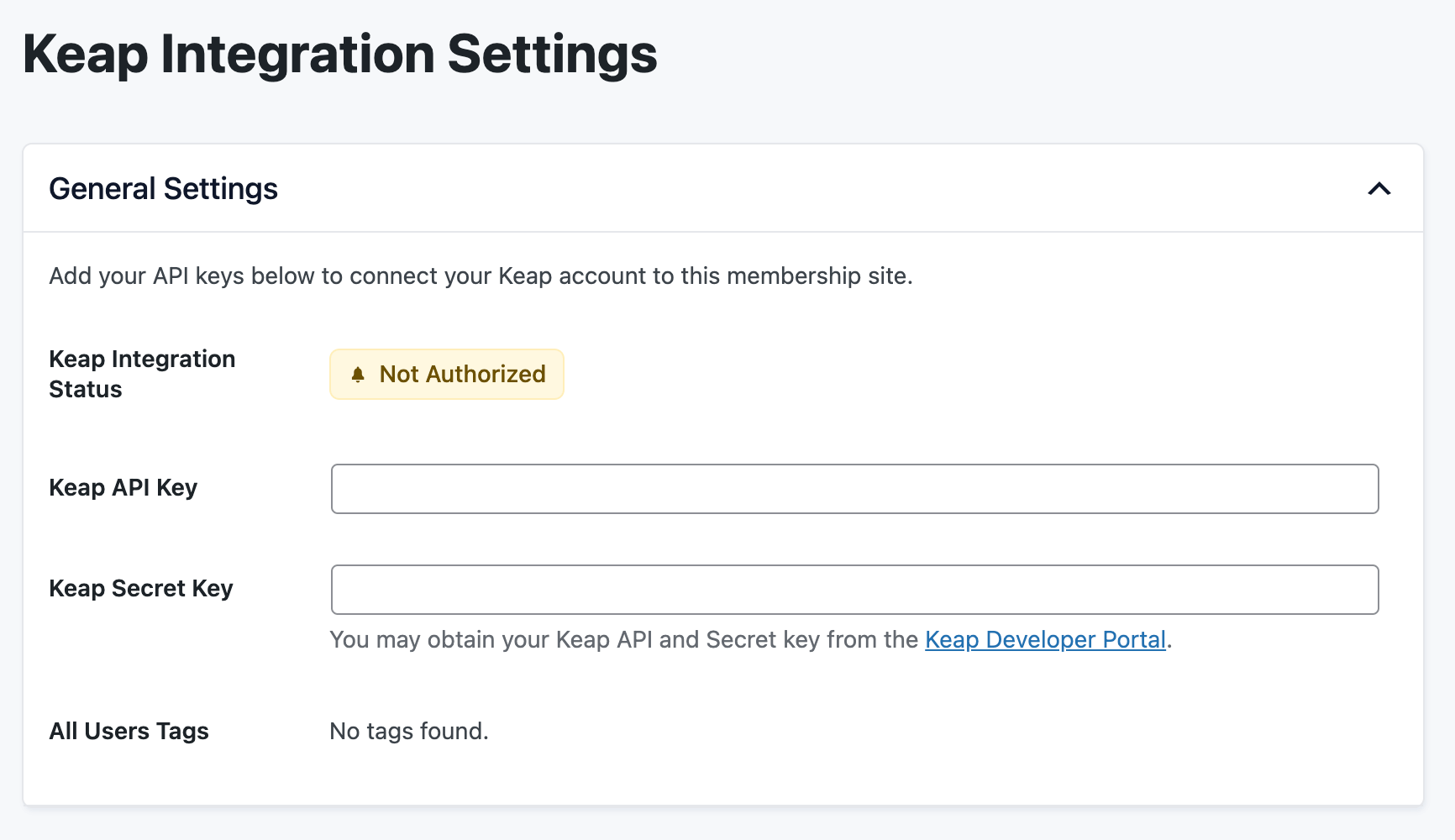 Screenshot of a website that has not been authorized and has no API keys defined when using the Keap Integration for Paid Memberships Pro