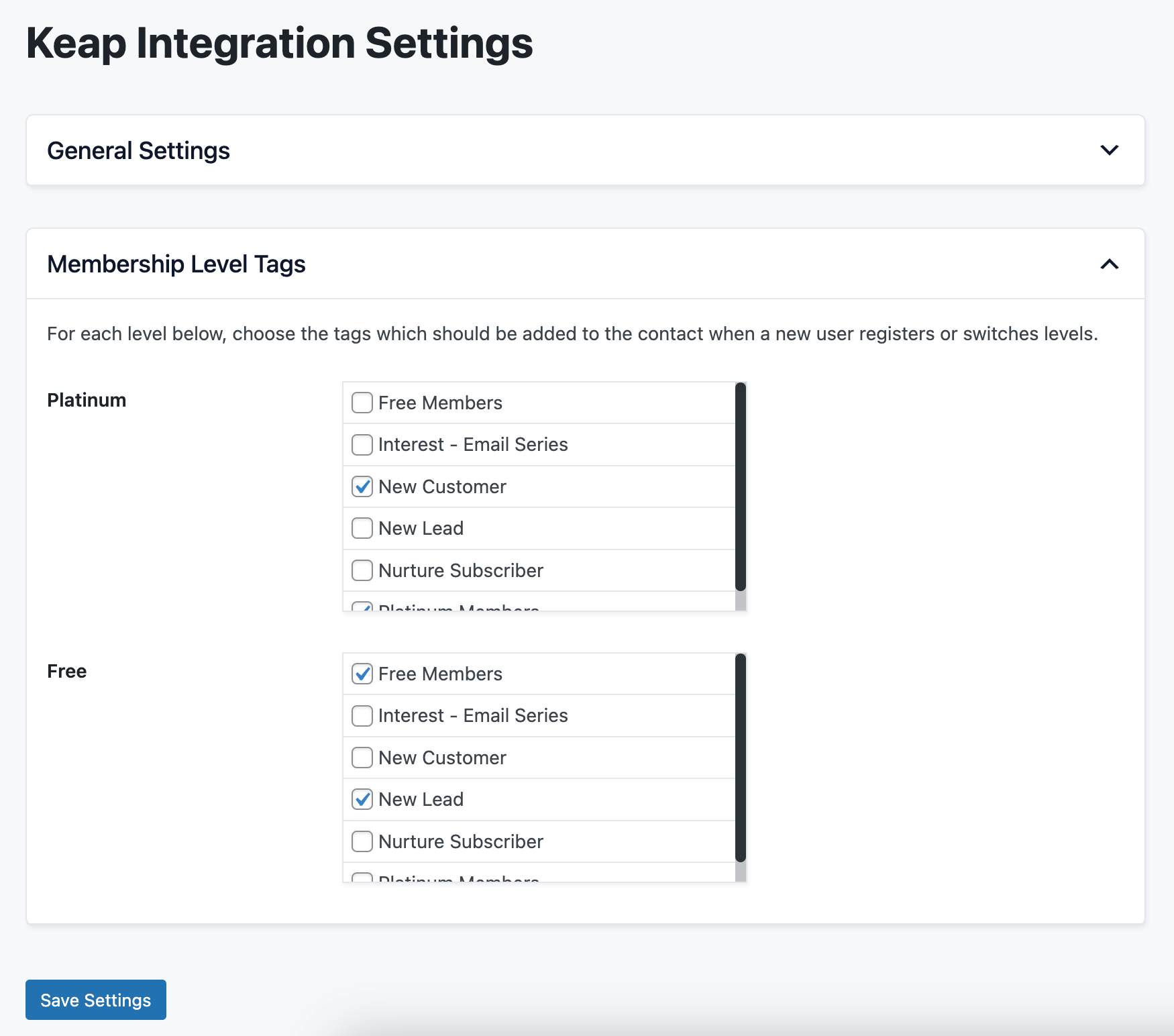 Assign tags to membership levels in the Keap Integration Settings for Paid Memberships Pro