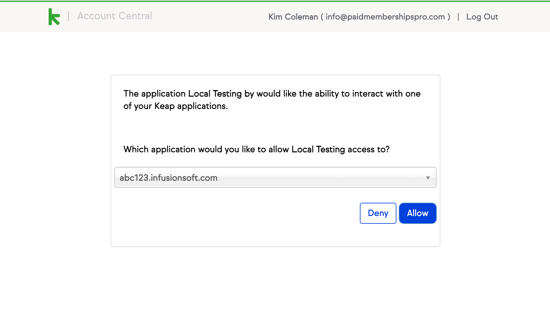 Screenshot of the Keap App authorization screen with you have added API keys and are attempting to connect your membership site to Keap with the Keap Integration for Paid Memberships Pro