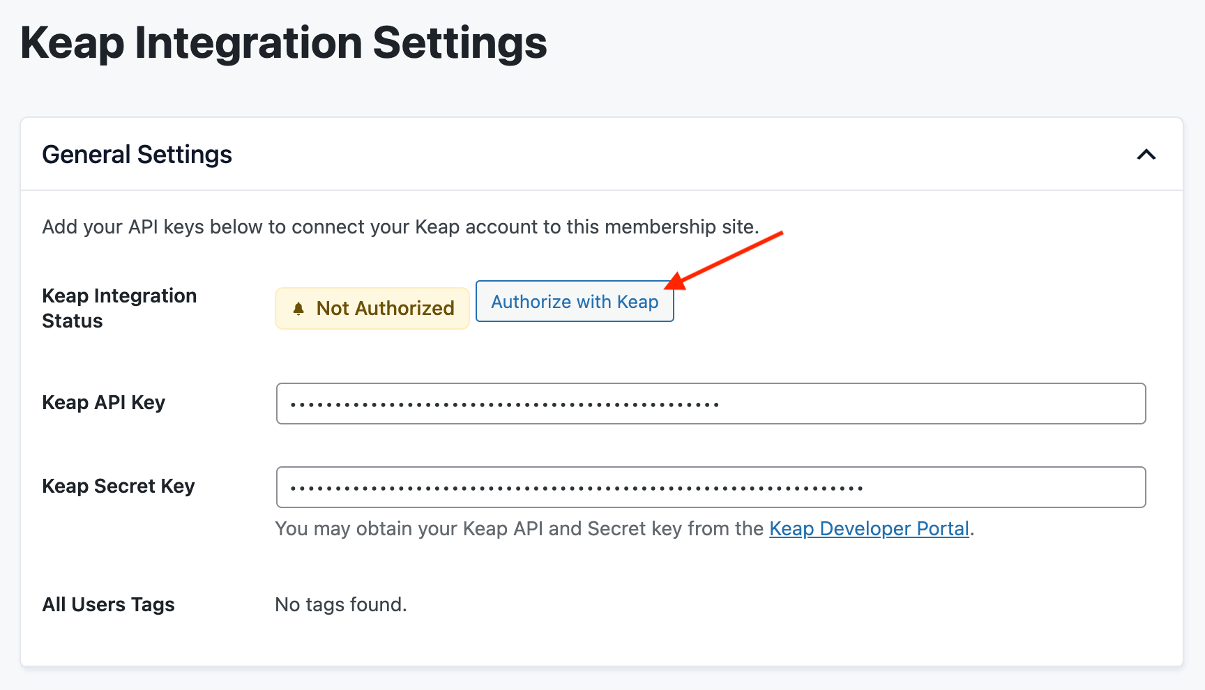 Screenshot of the Keap Integration settings page when you have added API keys and see a link to authenticate your App to connect your membership site to Keap with the Keap Integration for Paid Memberships Pro