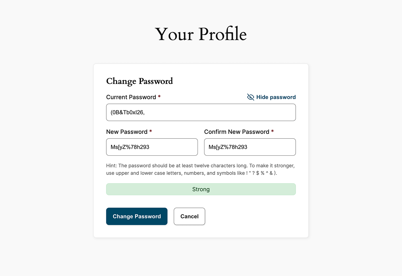 Screenshot of the Member Profile Password Change for Logged In Member