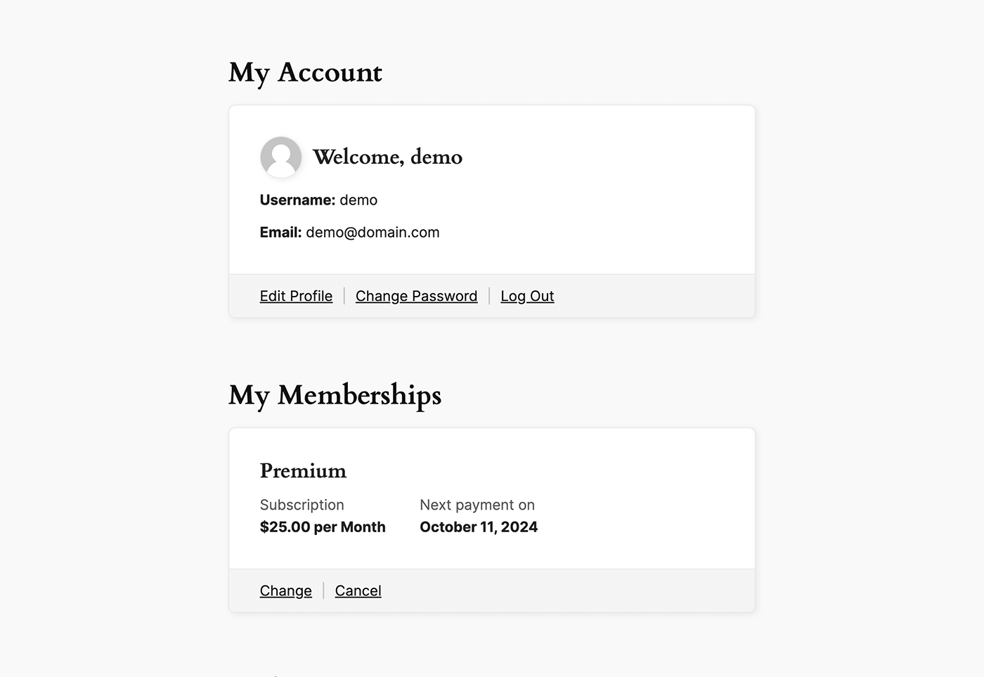 Screenshot of the Membership Account page