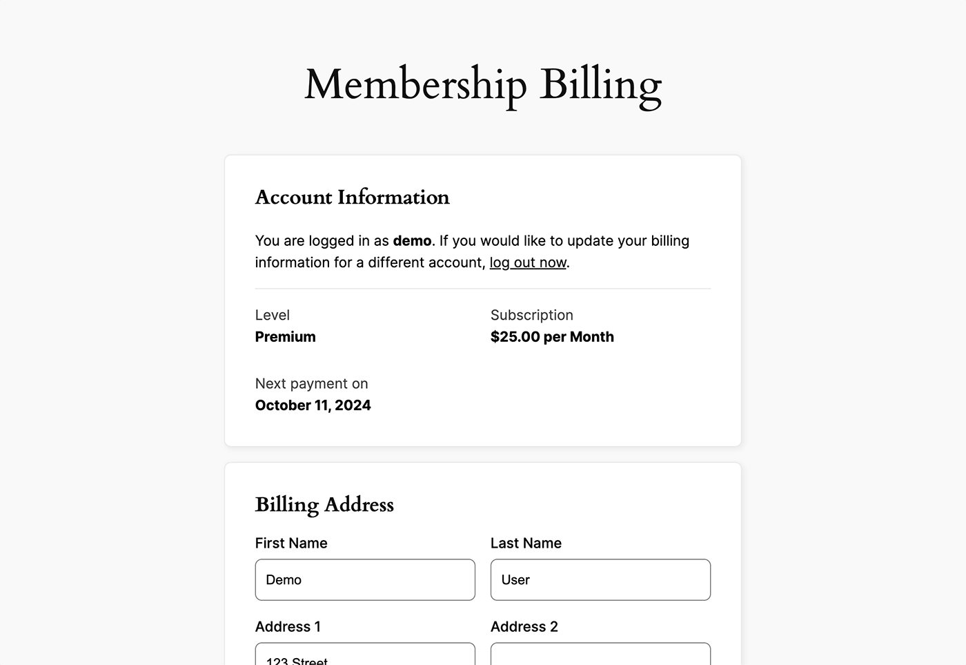 Screenshot of the Membership Billing Page for a single subscription payment method update