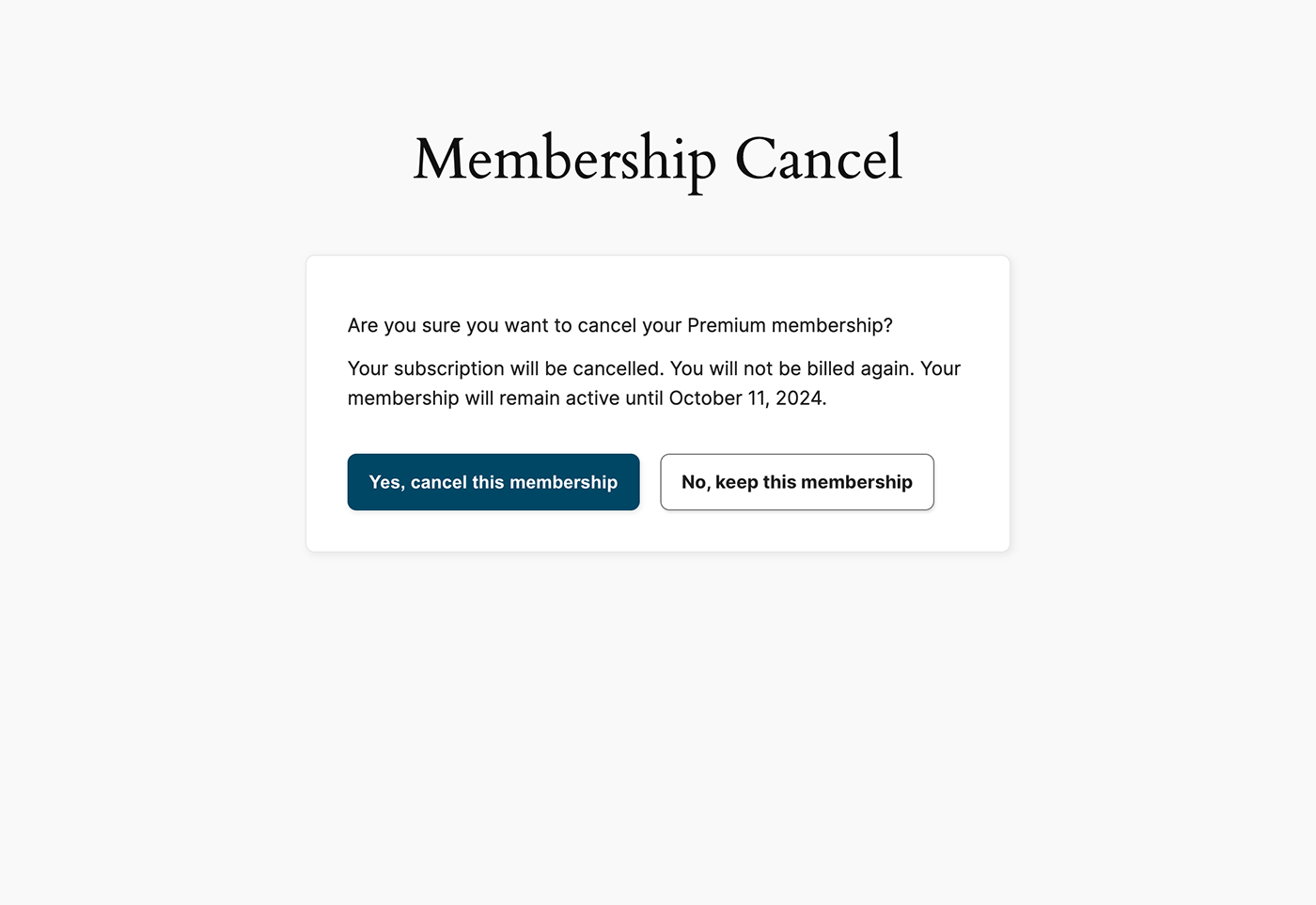 Screenshot of the Membership Cancel page for a single membership level