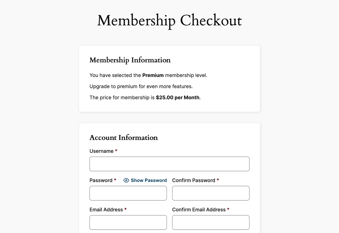 Screenshot of the Membership Checkout page