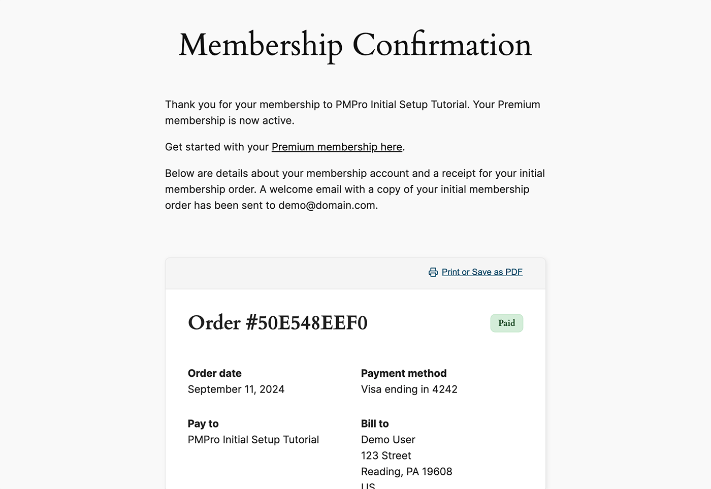 Screenshot of the Membership confirmation page