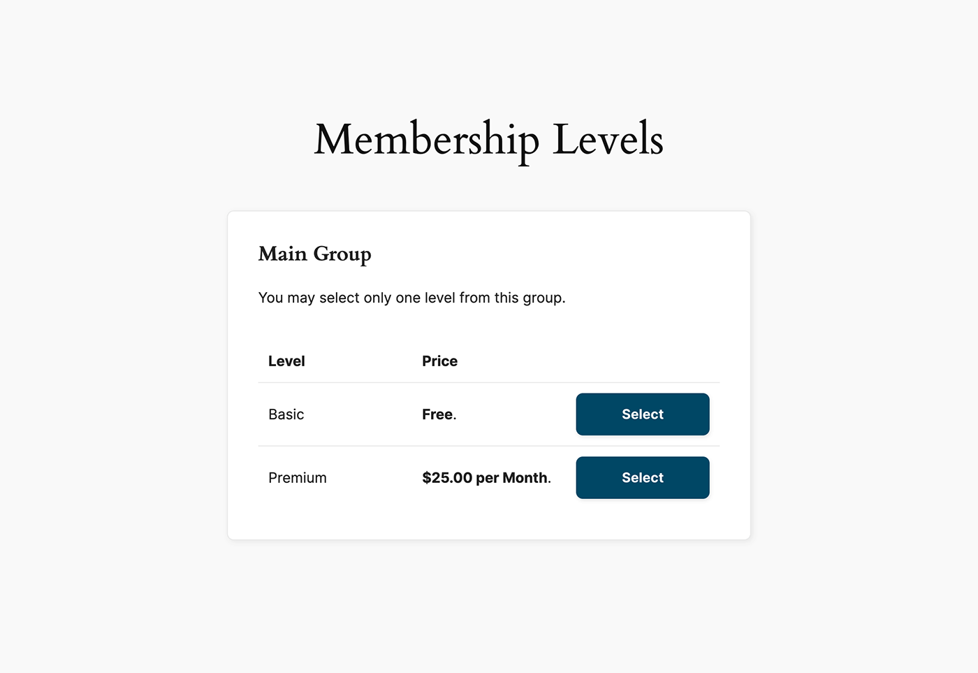 Screenshot of the Membership Levels default pricing table