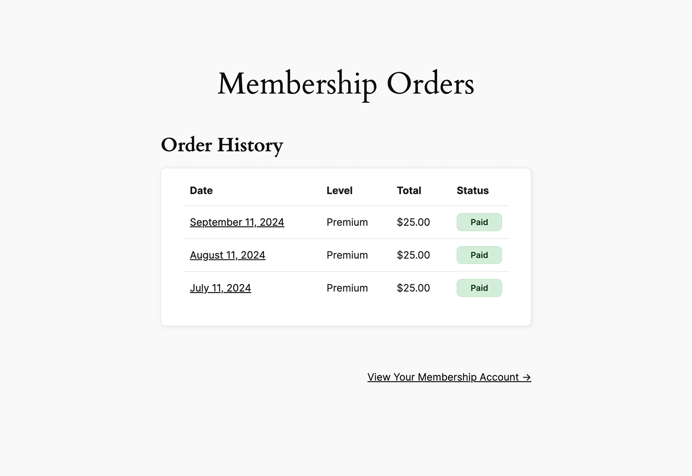 Screenshot of the Membership Orders list of all orders page