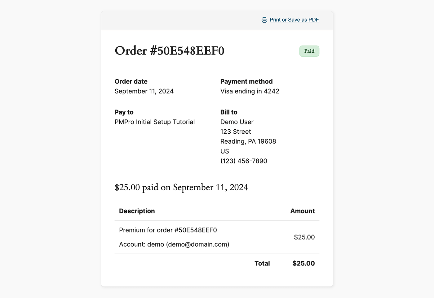 Screenshot of the Membership Orders single order view page