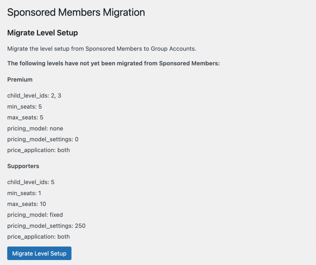 This is a screenshot of the Migrate Level Setup within Sponsored Members Migration.