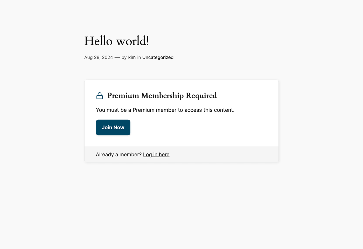 Screenshot of a single blog post protected for the Premium membership level