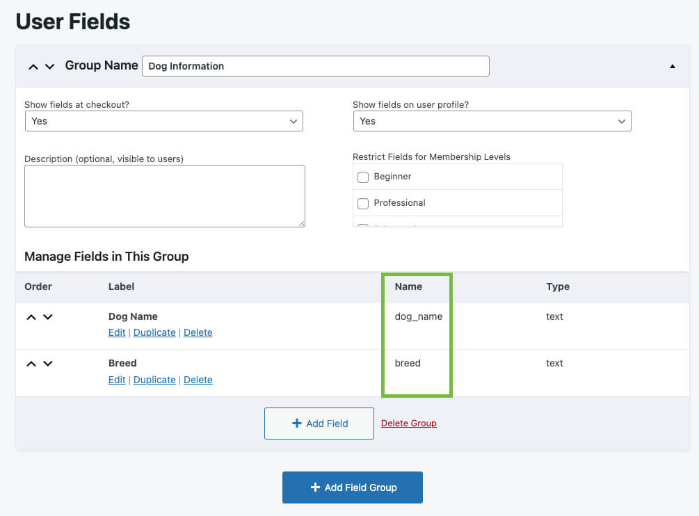 Screenshot for adding user meta fields highlighting the name of the user field