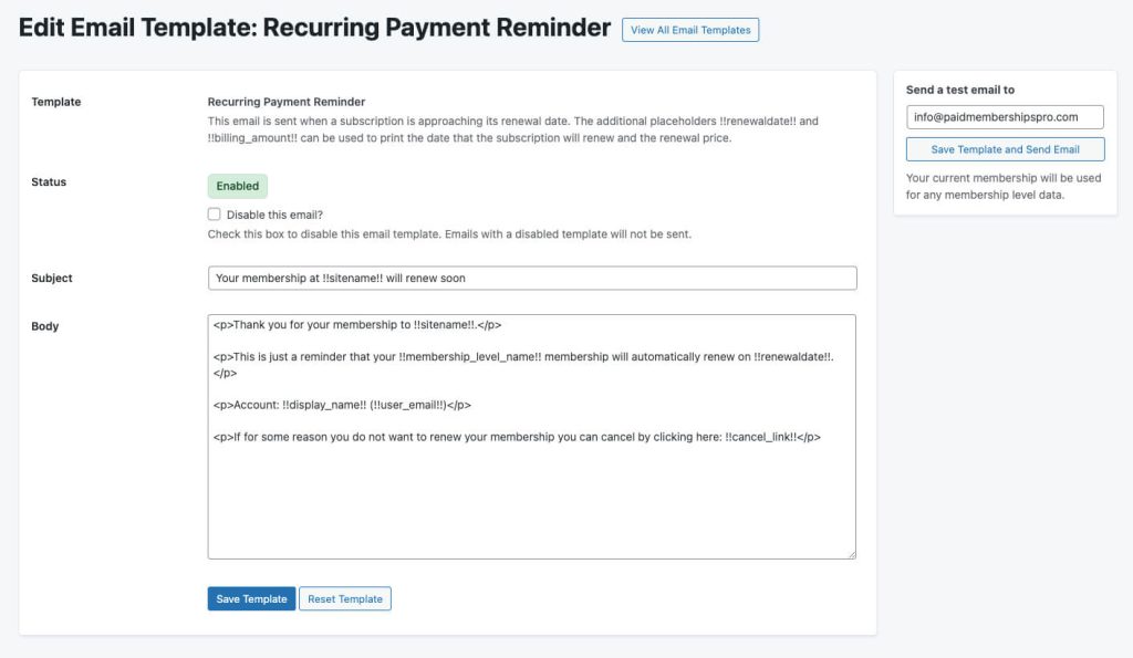 Screenshot of the Edit Template screen for the Recurring Payment Reminder Email