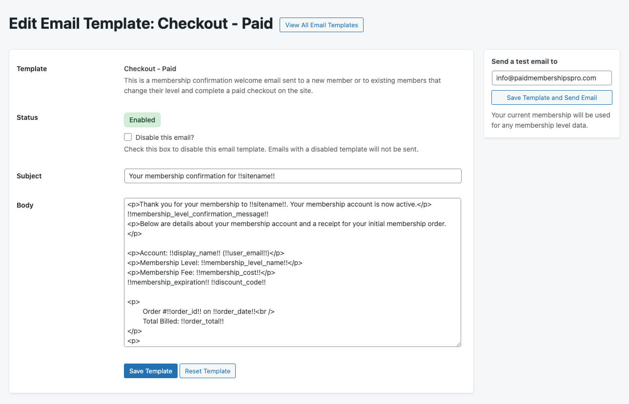 Screenshot of the edit email template for the paid checkout email in paid memberships pro