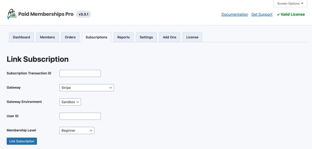 Screenshot of information fields needed to link subscription in Paid Memberships Pro