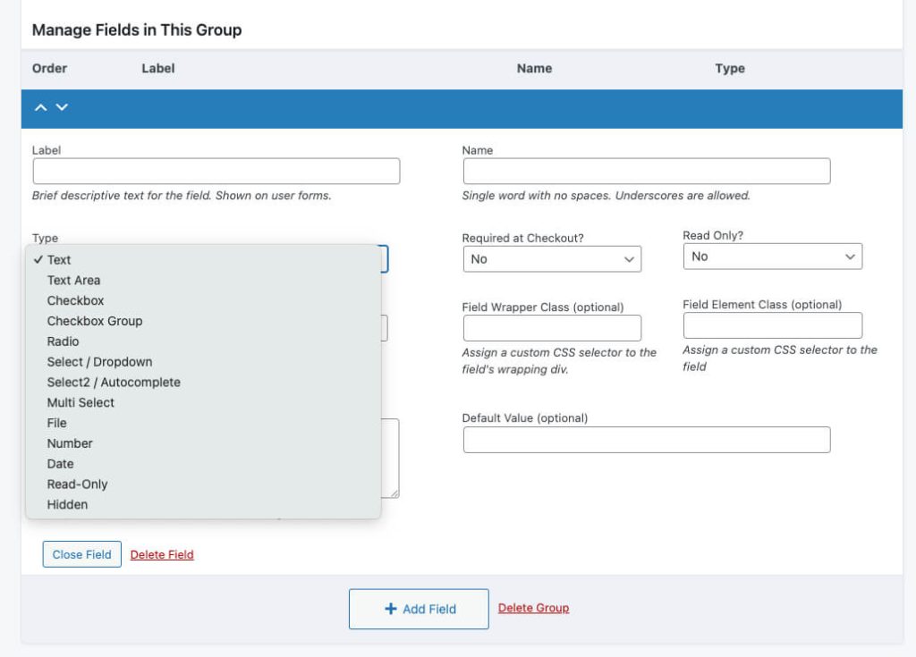 Screenshot of User Fields Attributes offered in Paid Memberships Pro and the optional default value field