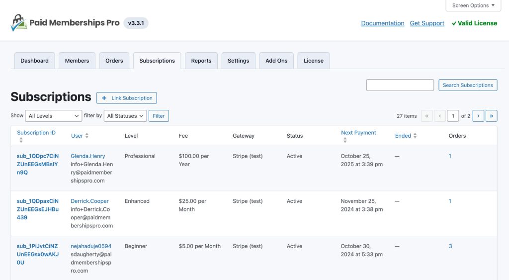 Screenshot of Subscription Table in PMPro