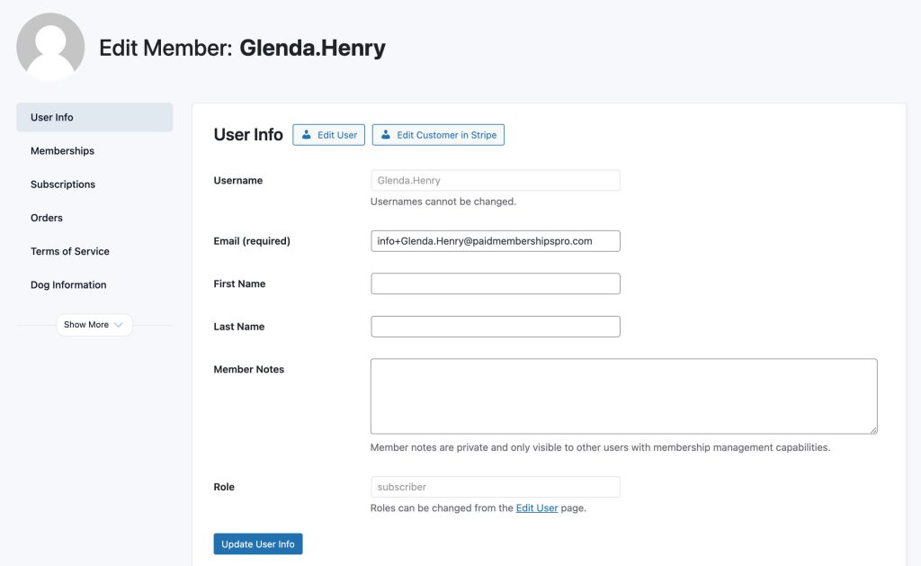 Screenshot of User Info Panel on Edit Member screen in Paid Memberships Pro