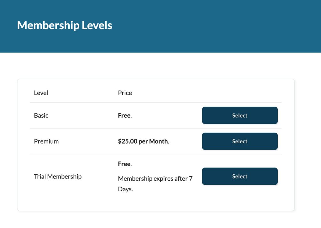 Screenshot of membership levels page showing option to select trial membership