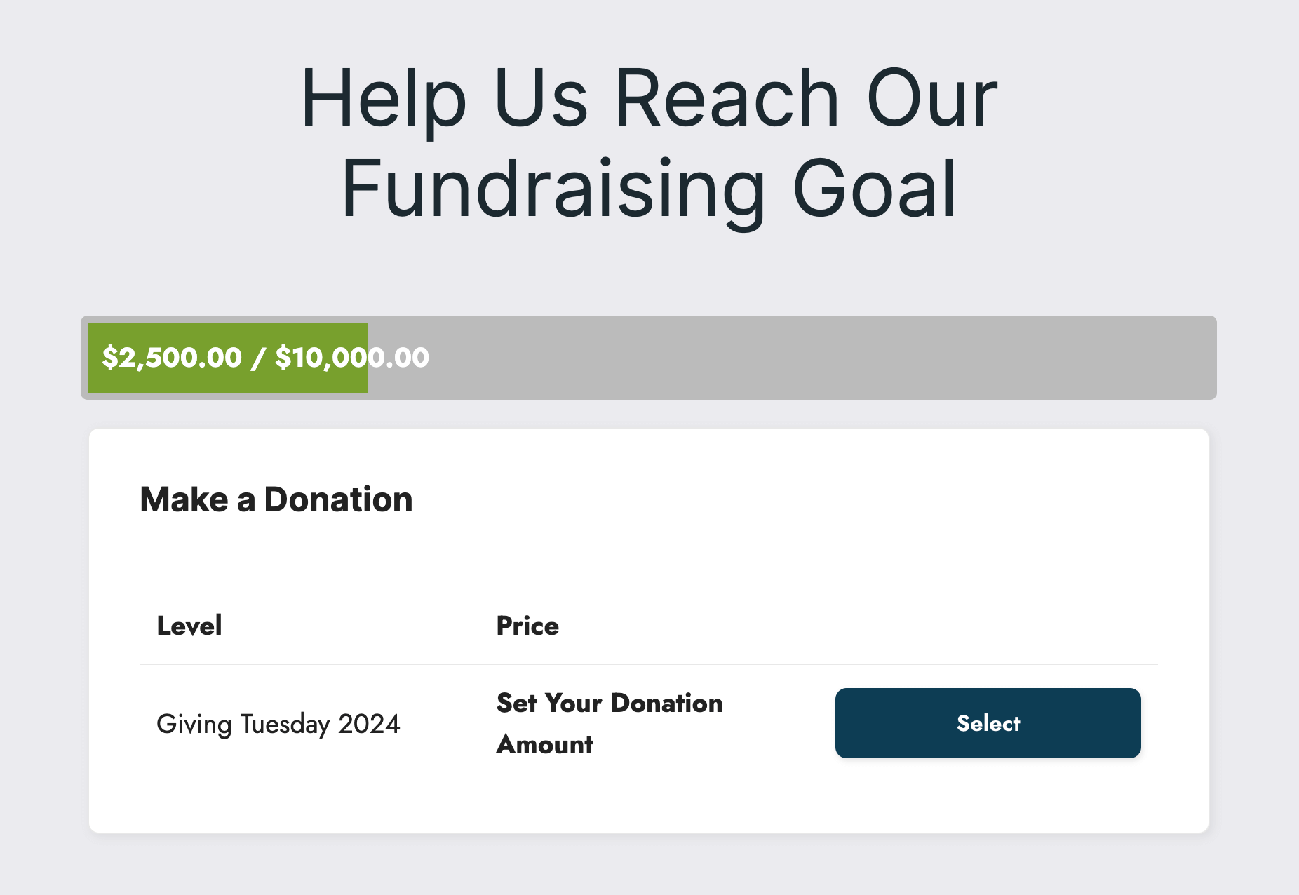 Example Giving Tuesday landing page with $10,000 Goal Progress Bar and the Donation-Only Level