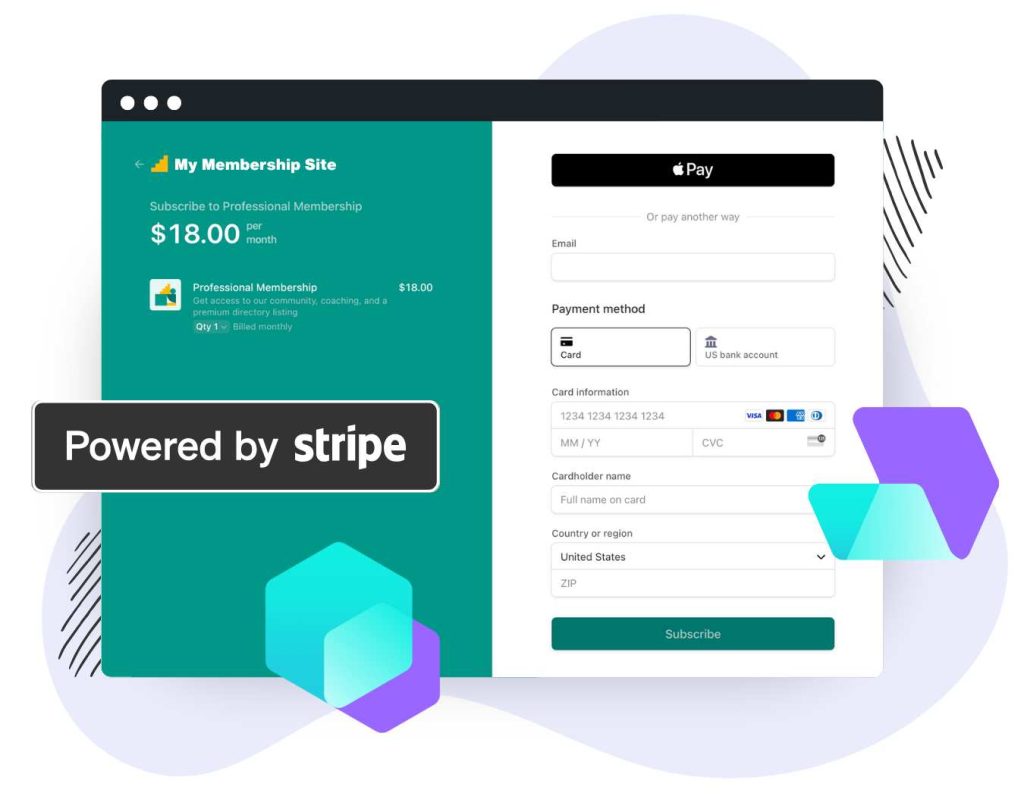 Example of Stripe Checkout prebuilt payment page for a recurring $18 per month membership level