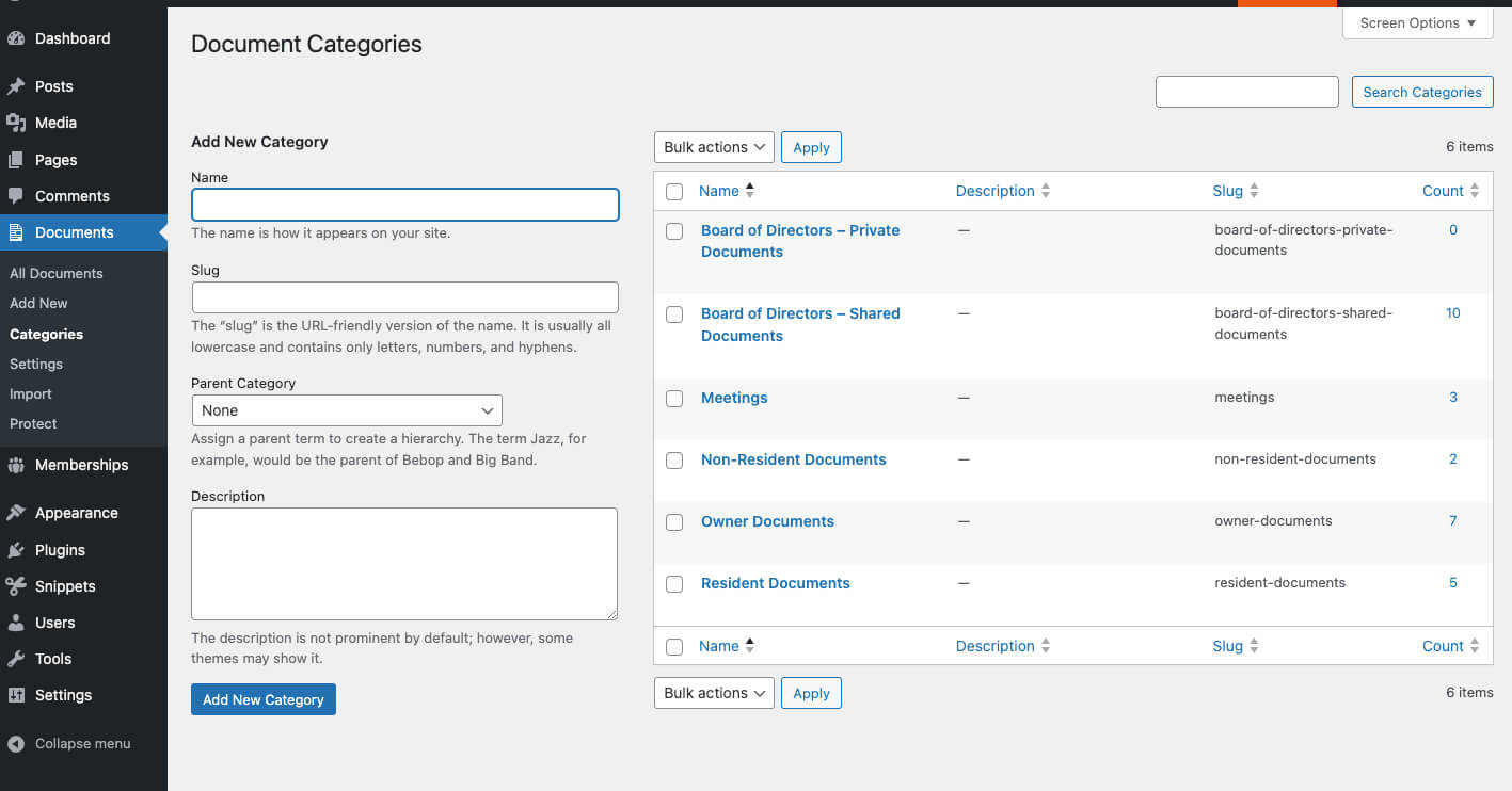 Screenshot of document categories for condo association