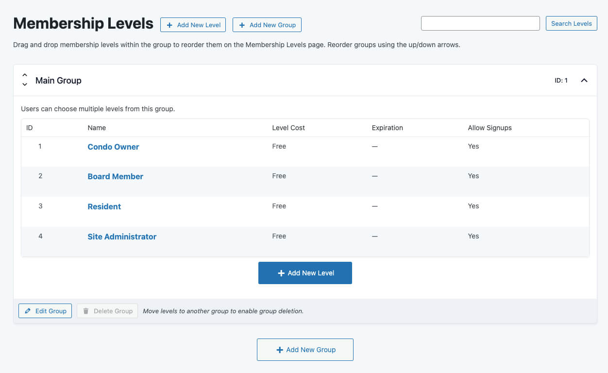 Screenshot of membership levels for condo association