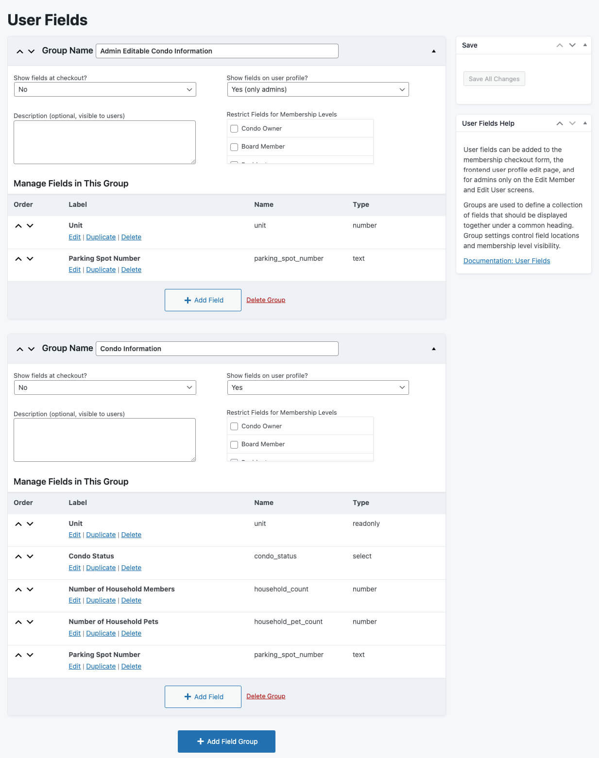 Screenshot of user fields feature