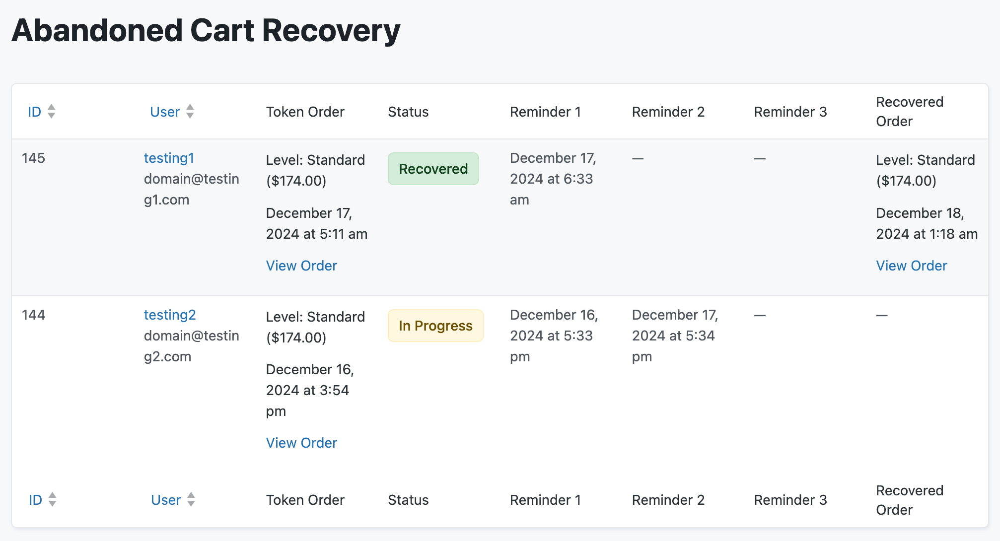 Access a detailed report of abandoned carts in the recovery process or that have successfully been recovered from the Memberships > Reports screen