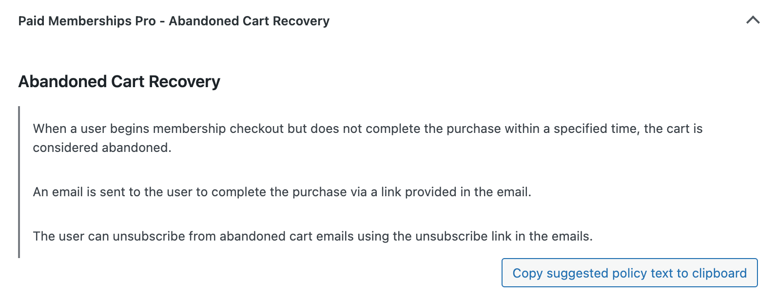 Suggested privacy policy text for sites that use the Abandoned Cart Recovery Add On on the Settings > Privacy screen in the WordPress admin