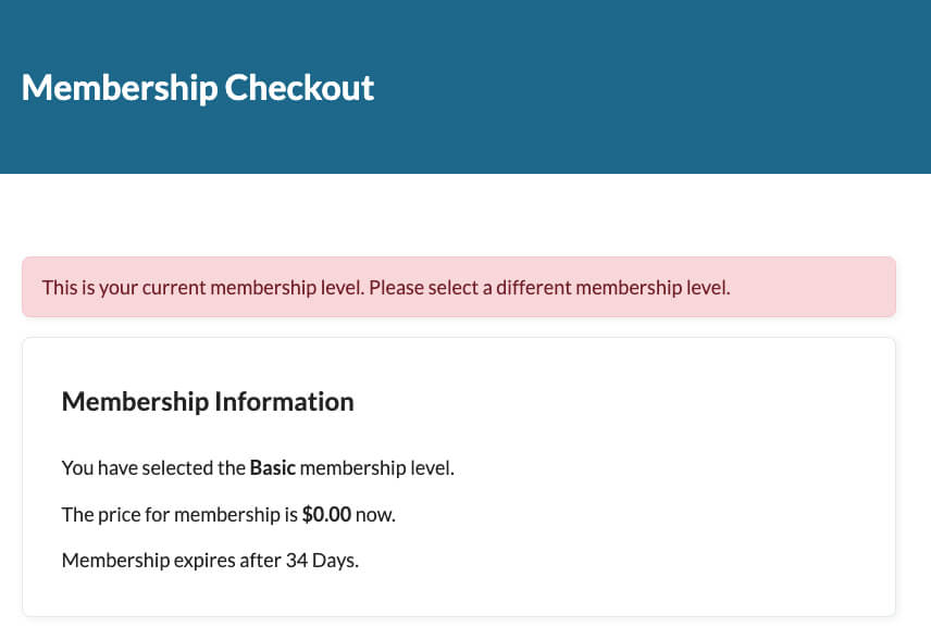 Error message show on Membership Checkout page 