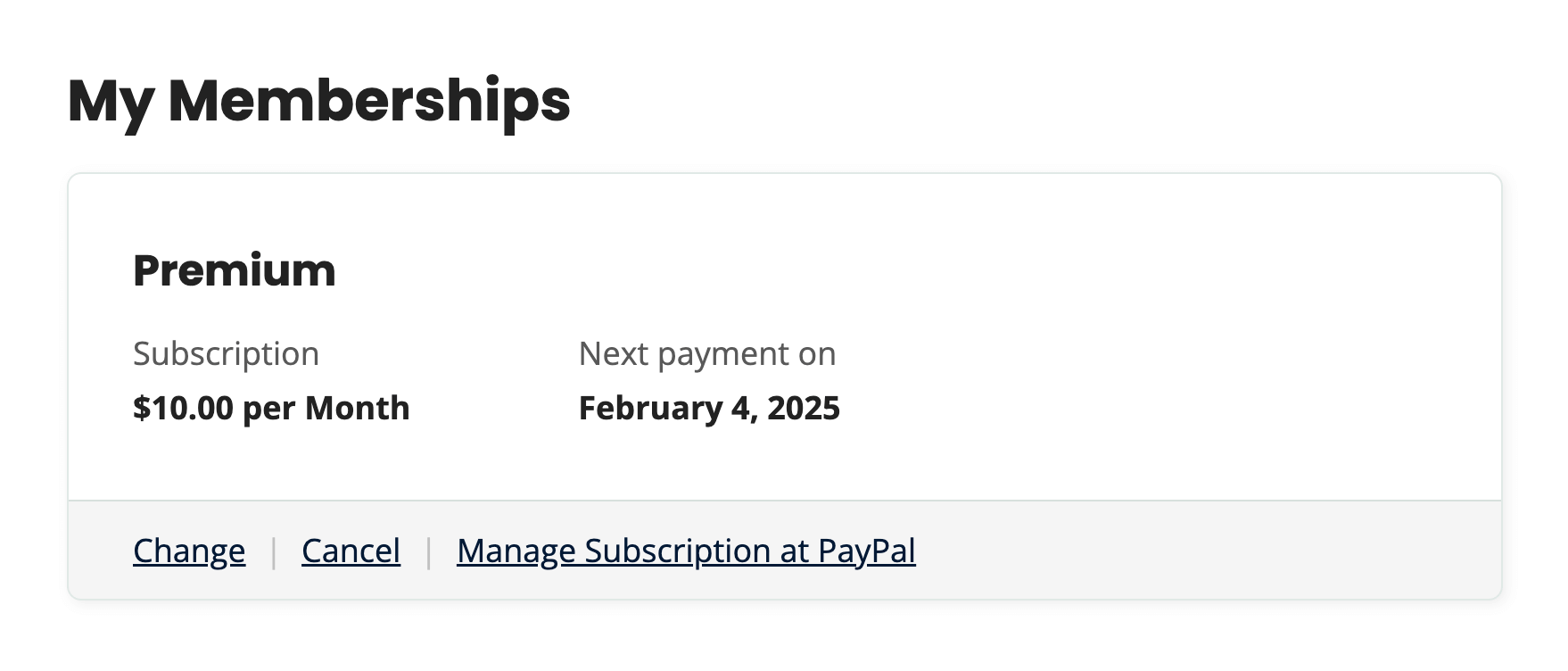 Example screenshot of the My Memberships section of the Membership Account page with a link to manage the subscription at PayPal