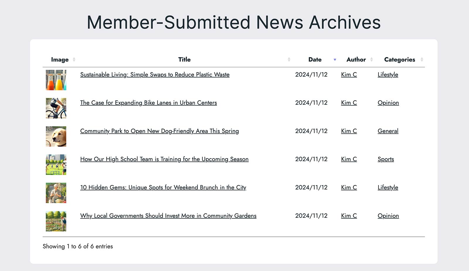 Screenshot of a member-submitted news archive on the frontend of the Posts Table plugin by Barn2