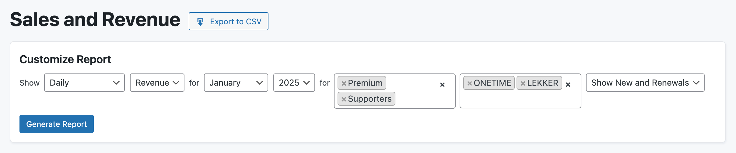 Screenshot of the new report filters for the Sales and Revenue report supporting multiple levels and multiple discount codes as well as custom date ranges