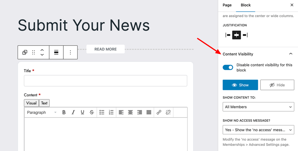 Screenshot showing how to set content visibility in the Block Editor
