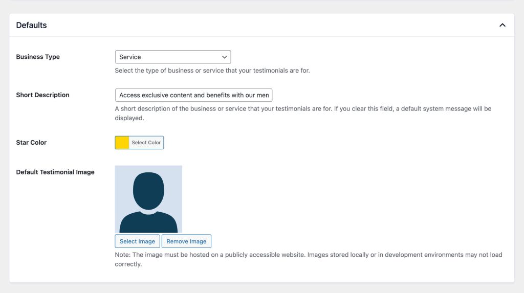 Screenshot of Testimonials Add On default settings