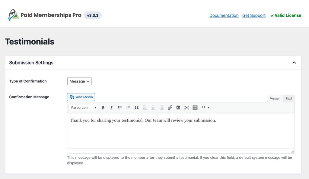 Screenshot of submission settings for the Testimonials Add On