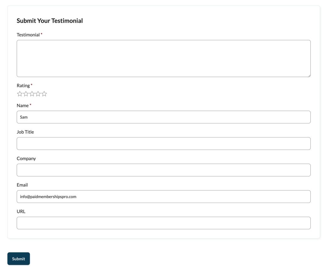 Screenshot of front end testimonial submission form for the Testimonials Add On