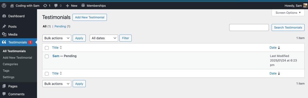 Screenshot of pending testimonial in the WP Admin