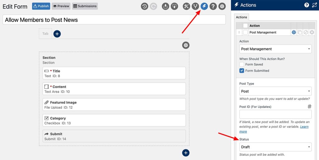 Screenshot of the WS Form editor displaying the 'Post Management' action settings, with the default post status set to 'Draft' for form submissions