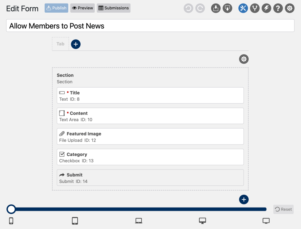 Screenshot of WS Form content submission form