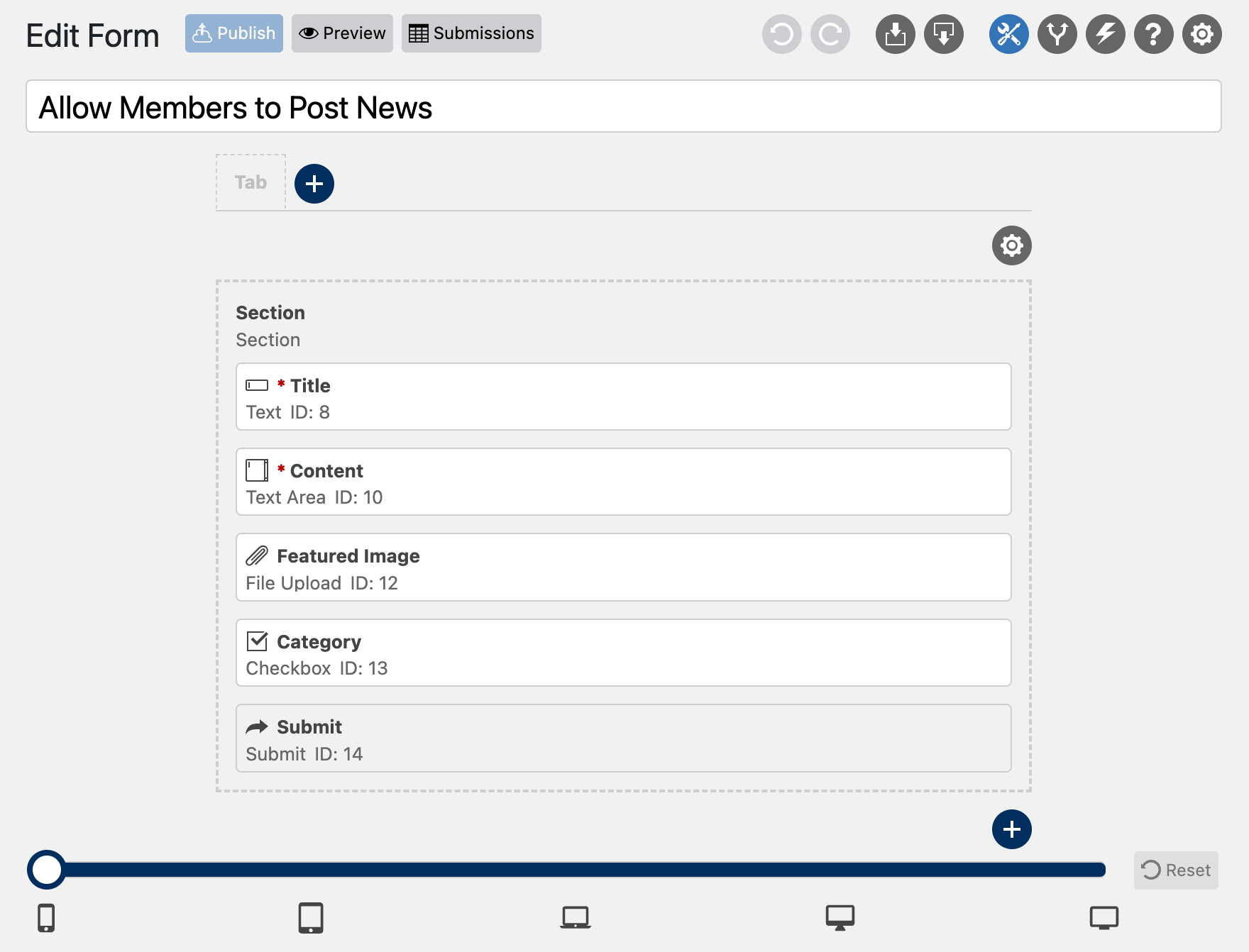 Screenshot of WS Form content submission form