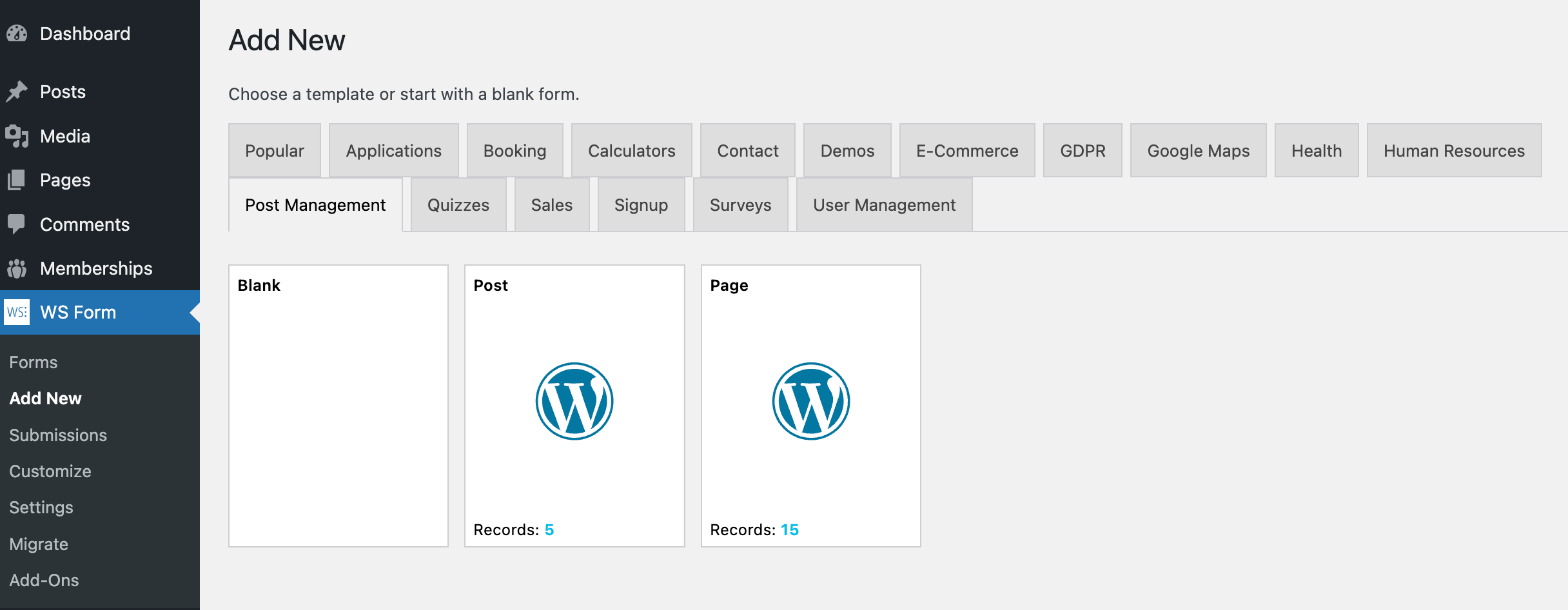 Screenshot of the WS Form 'Add New' page in the WordPress admin, showing the Post Management tab with template options for Blank, Post, and Page forms