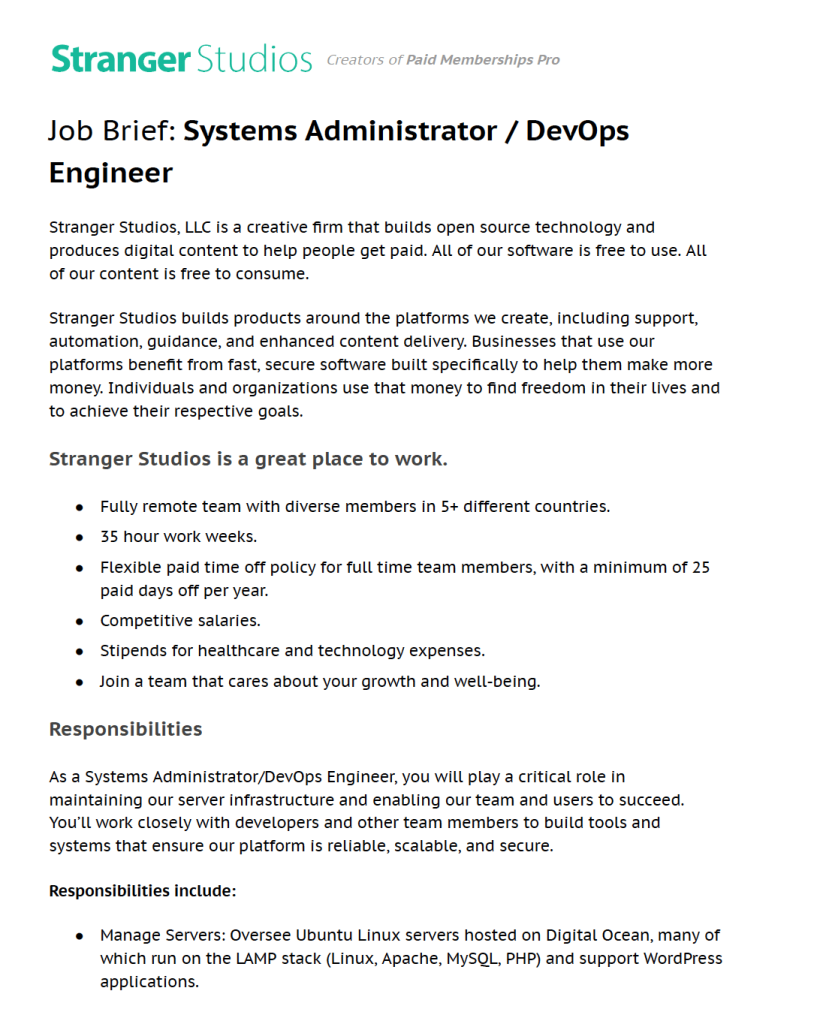 Screenshot of Systems Administrator / DevOps Engineer Job Brief