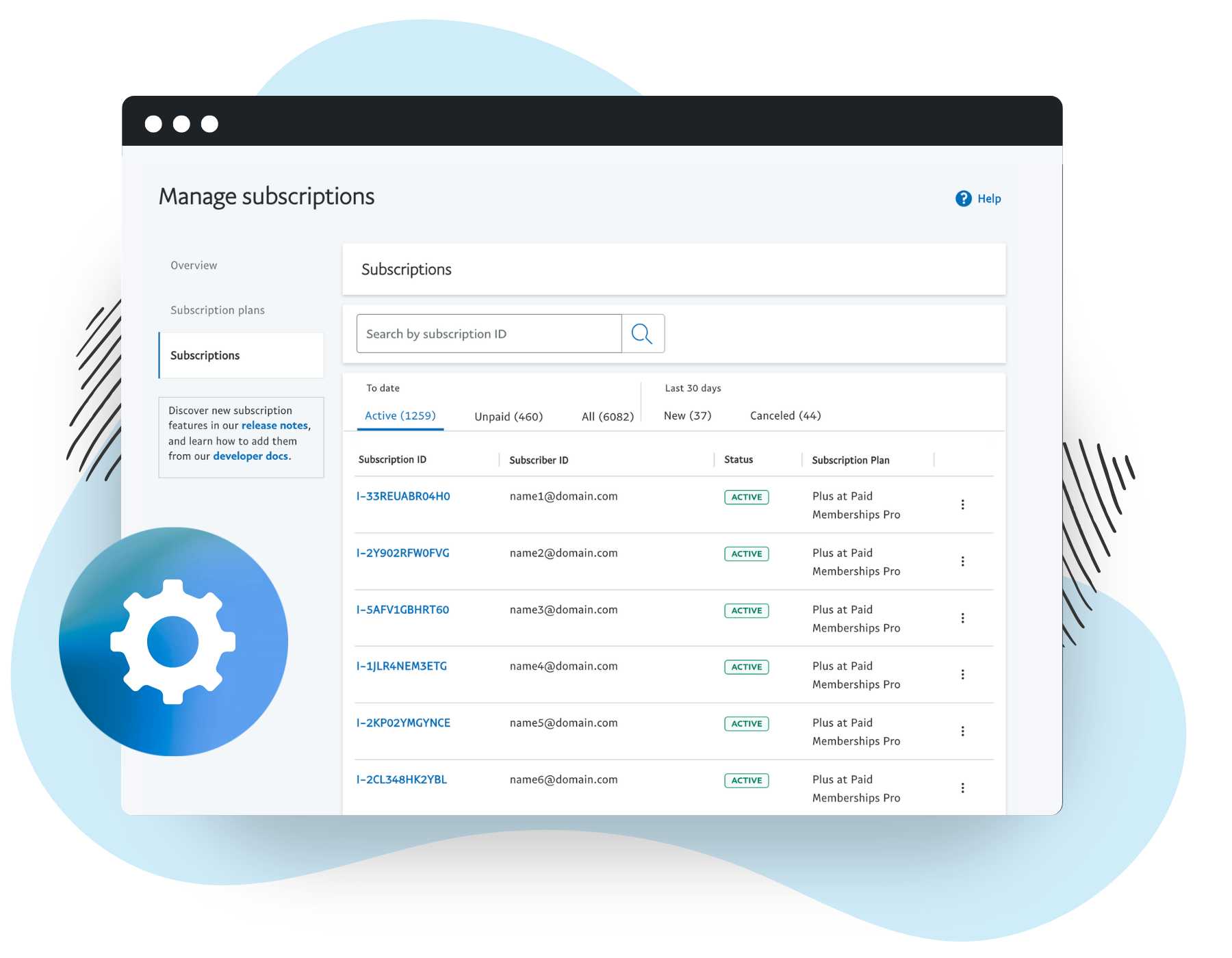 Example of PayPal Subscriptions dashboard with recurring subscription, invoice, and payments history