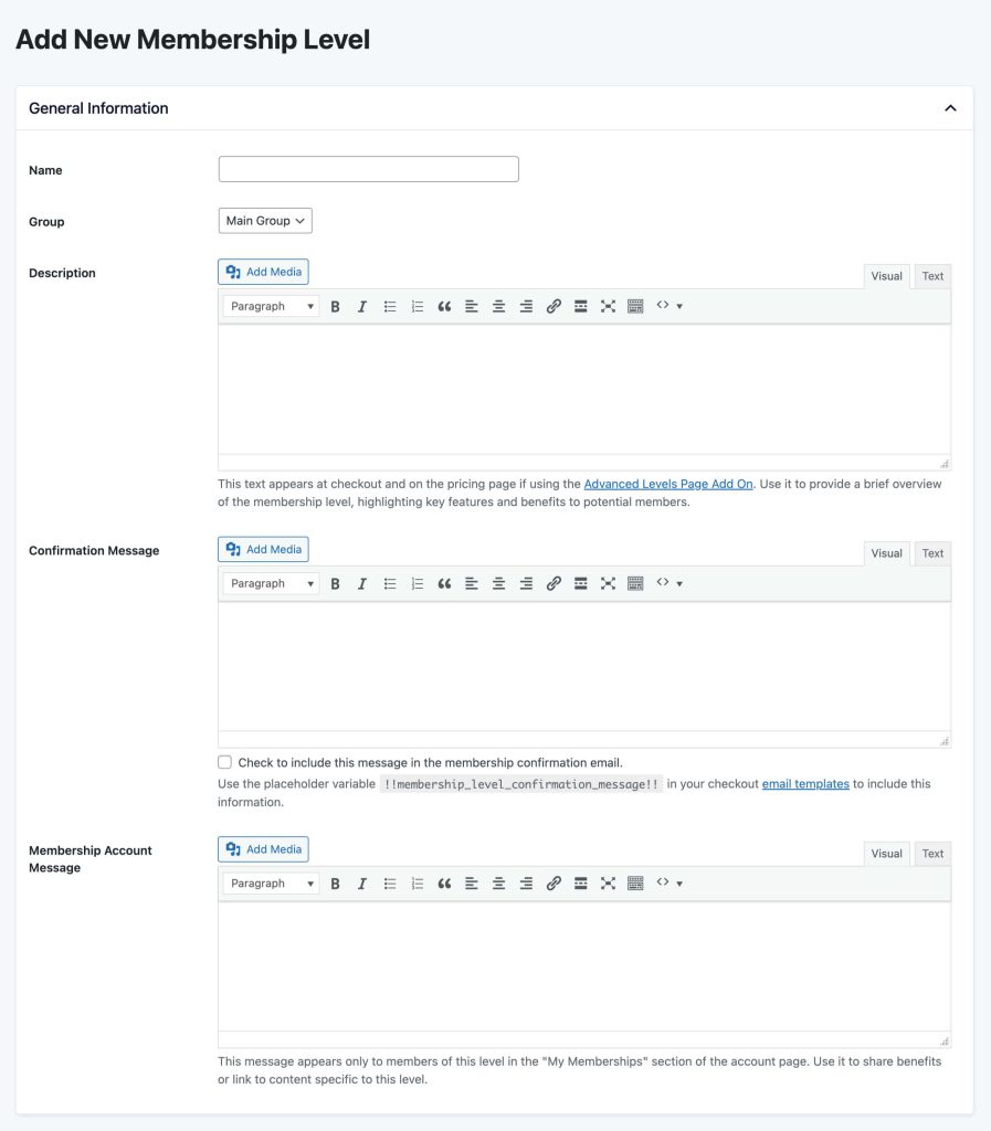 Screenshot of the PMPro Add a Membership Level settings page